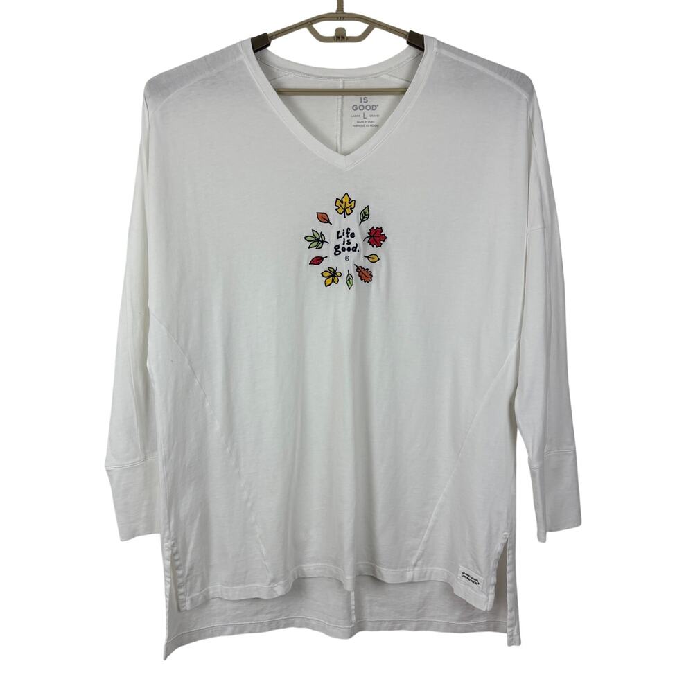 Life is Good V-Neck Long Sleeve Tunic Tee Shirt White Fall Leaves Embroidery